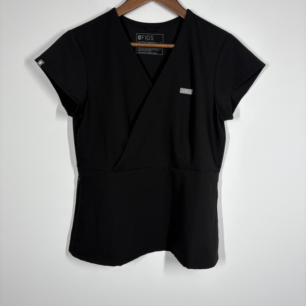 FIGS Womens Tivoli Slim Surplice Peplum Scrub Top Size S Black Nurse Uniform
